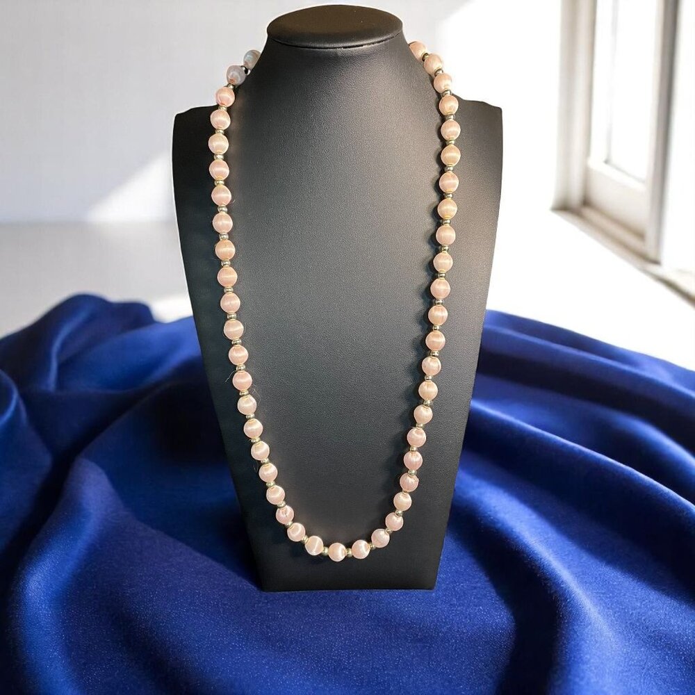 Vintage Light Pink Beaded Necklace Gold Accents‎ Long Strand Pastel Jewelry Gift